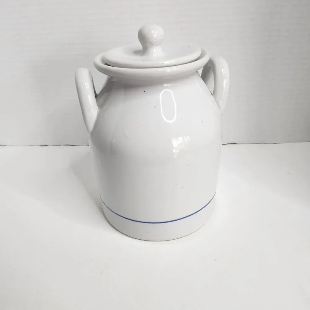 Vintage Ceramic Crock Canister Blue Flower Box Double Handles With Lid